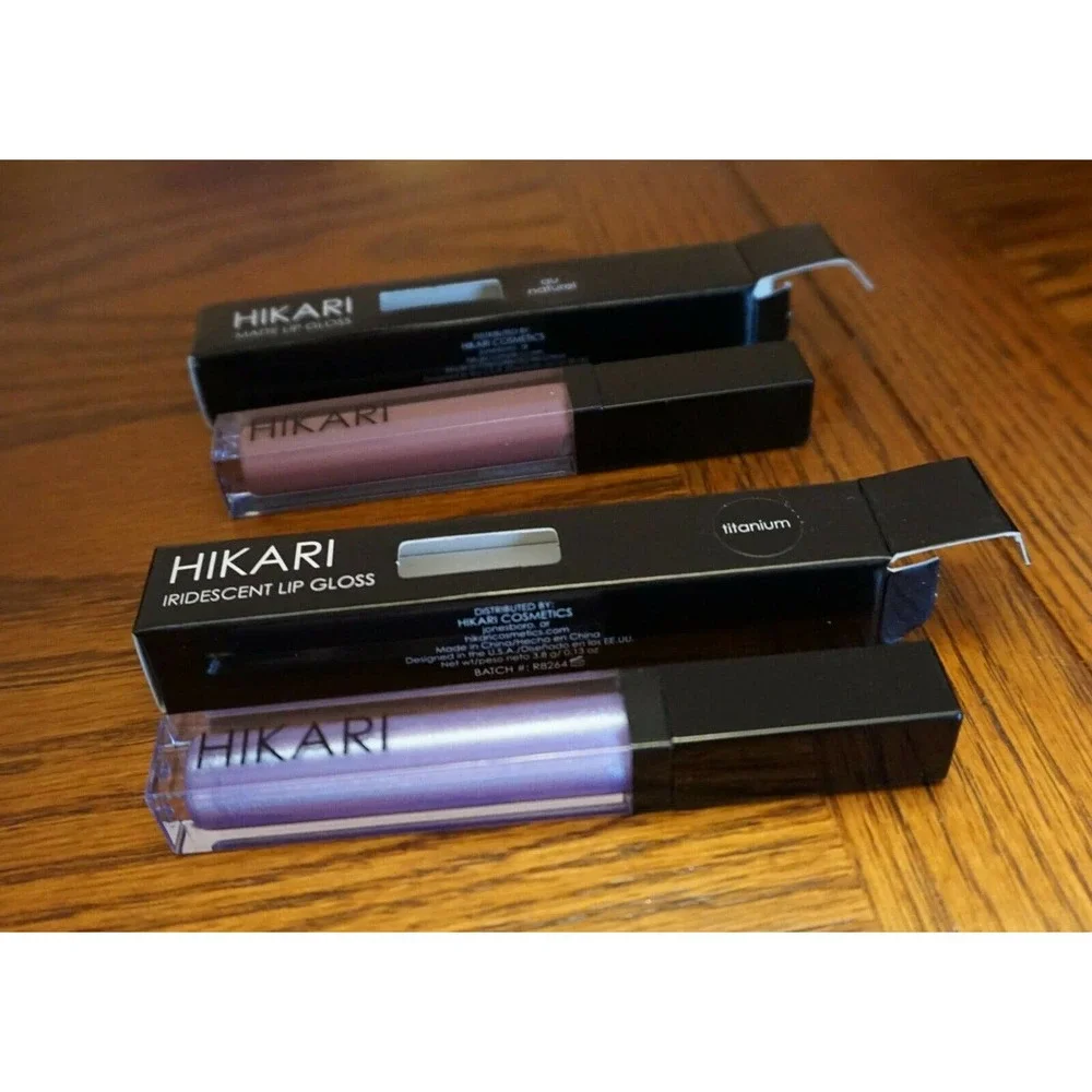 NIB! HIKARI LOT Matte Lip Gloss Au Naturel & Iridescent Lip Gloss Titanium